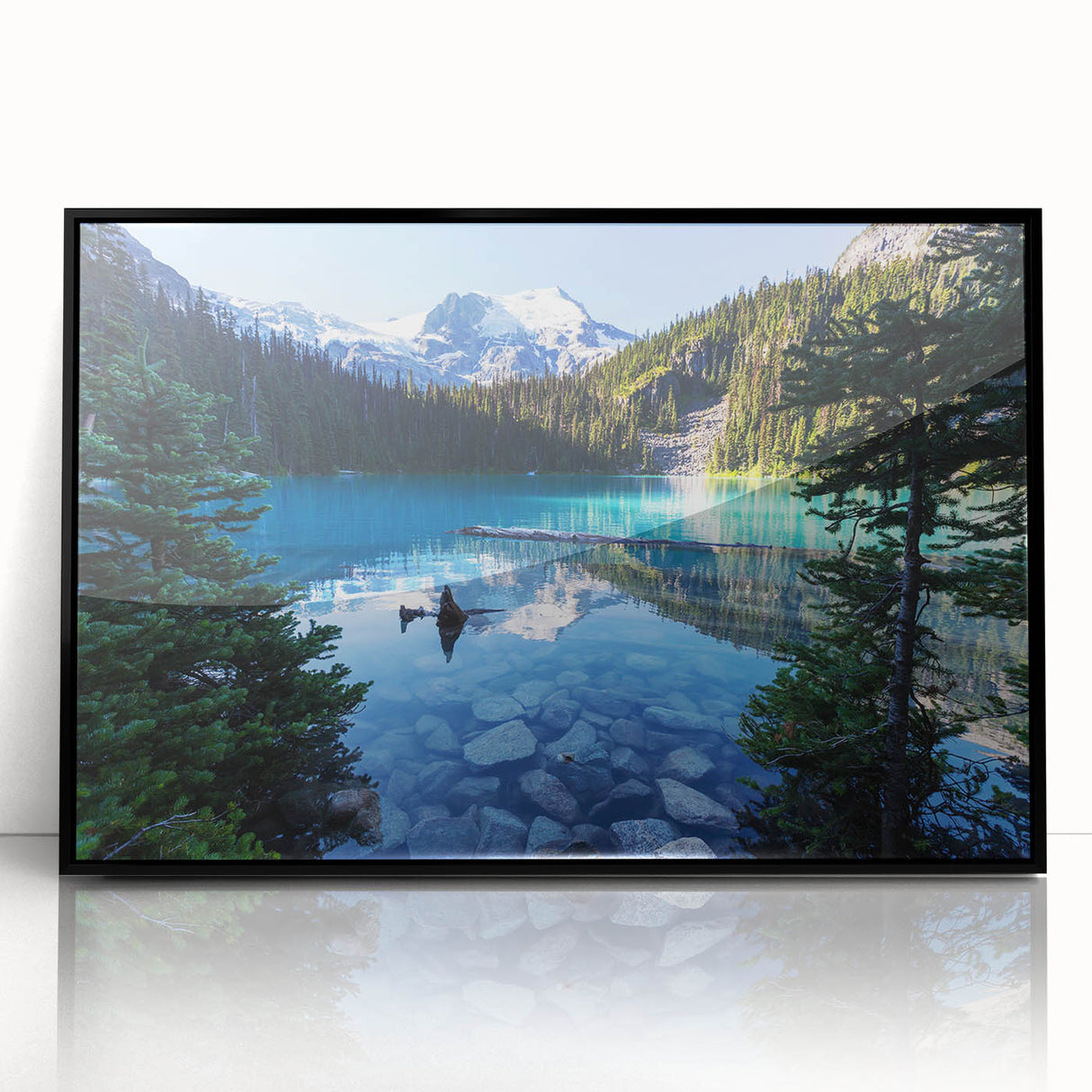 Large abstract wall art of British Columbia scenery in muted earth tones, framed in black acrylic.