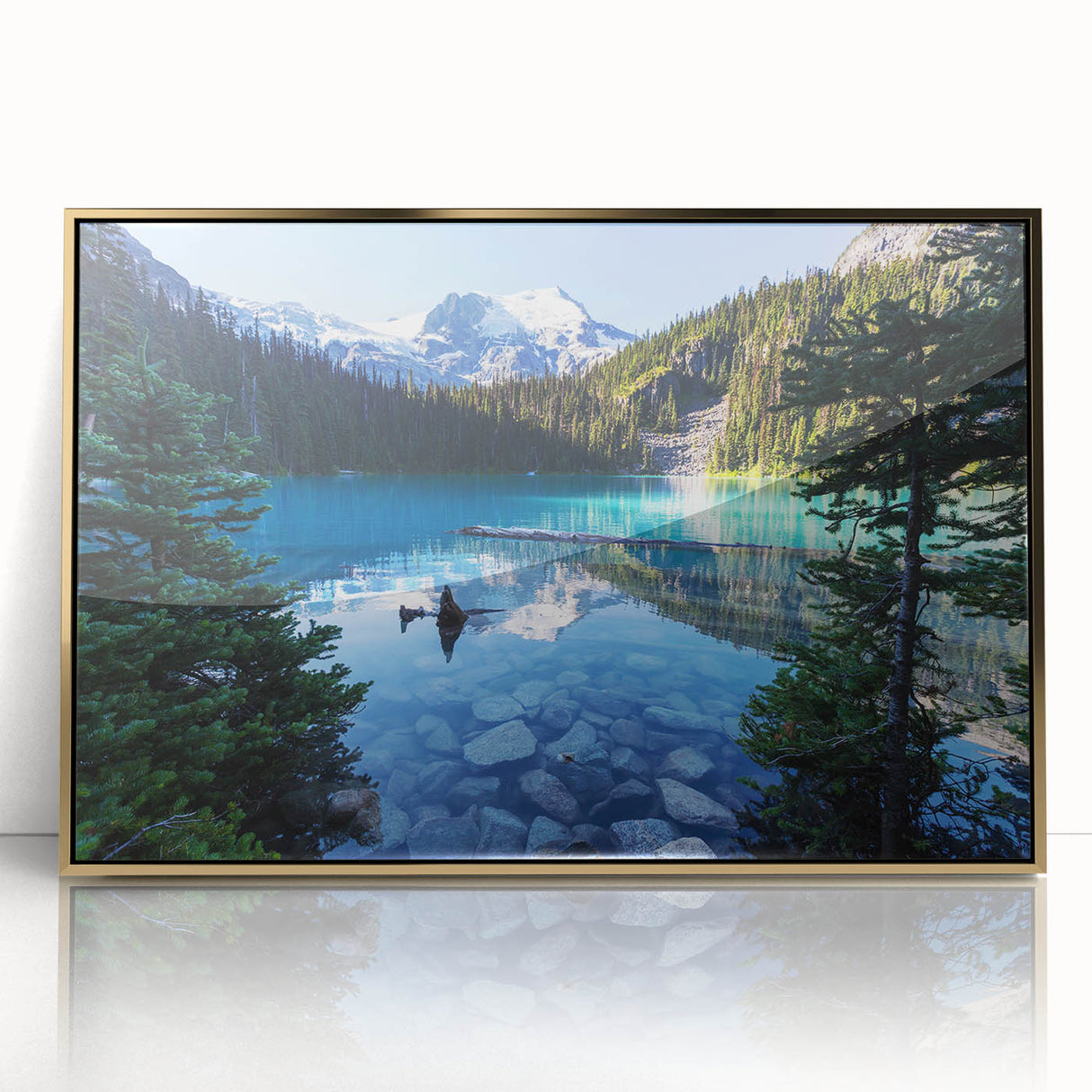 Framed acrylic print of British Columbia scenery in muted earth tones, ideal for modern art wall decor.