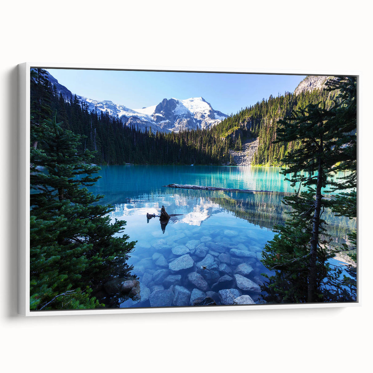 Vintage poster art of British Columbia scenery on a framed canvas, featuring a white border and colorful imagery.