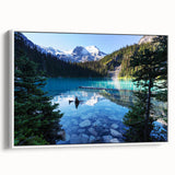 Vintage poster art of British Columbia scenery on a framed canvas, featuring a white border and colorful imagery.