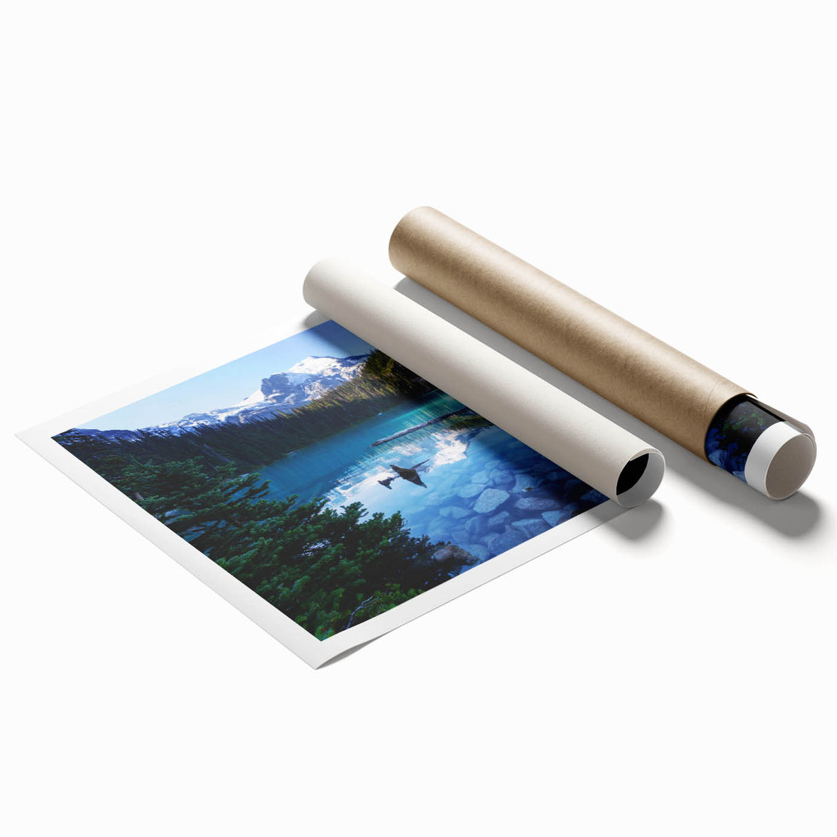 Extra large rolled print of British Columbia scenery featuring muted green and blue tones.