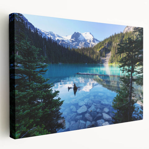 Scenic view of British Columbia on a stretched canvas, in muted green and blue tones, suitable for kitchen wall art.