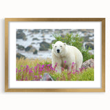 Extra large abstract art print depicting a colorful, textured scenery of Manitoba, framed in gold.