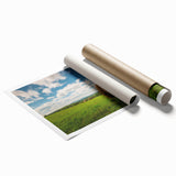 Extra large wall art featuring a serene New Brunswick landscape in muted greens and blues on a rolled canvas.