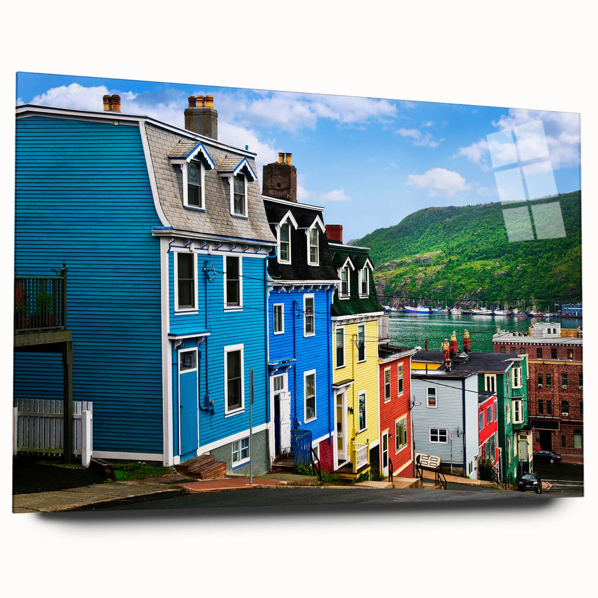 Acrylic print of a serene Newfoundland landscape in muted greens and blues, ideal for bedroom or dining room art.