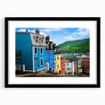 Abstract art print of colorful, textured scenery of Newfoundland on a large framed canvas, ideal for living room decor.