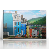 Modern art wall decor featuring a serene Newfoundland landscape in muted green and blue tones, framed acrylic.