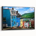 Black and white framed canvas of a Newfoundland landscape, ideal for bedroom wall art.