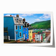 Scenic Newfoundland landscape on rolled print, featuring muted greens and blues, ideal for art wall dining room.