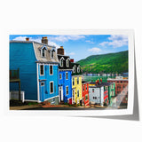 Scenic Newfoundland landscape on rolled print, featuring muted greens and blues, ideal for art wall dining room.
