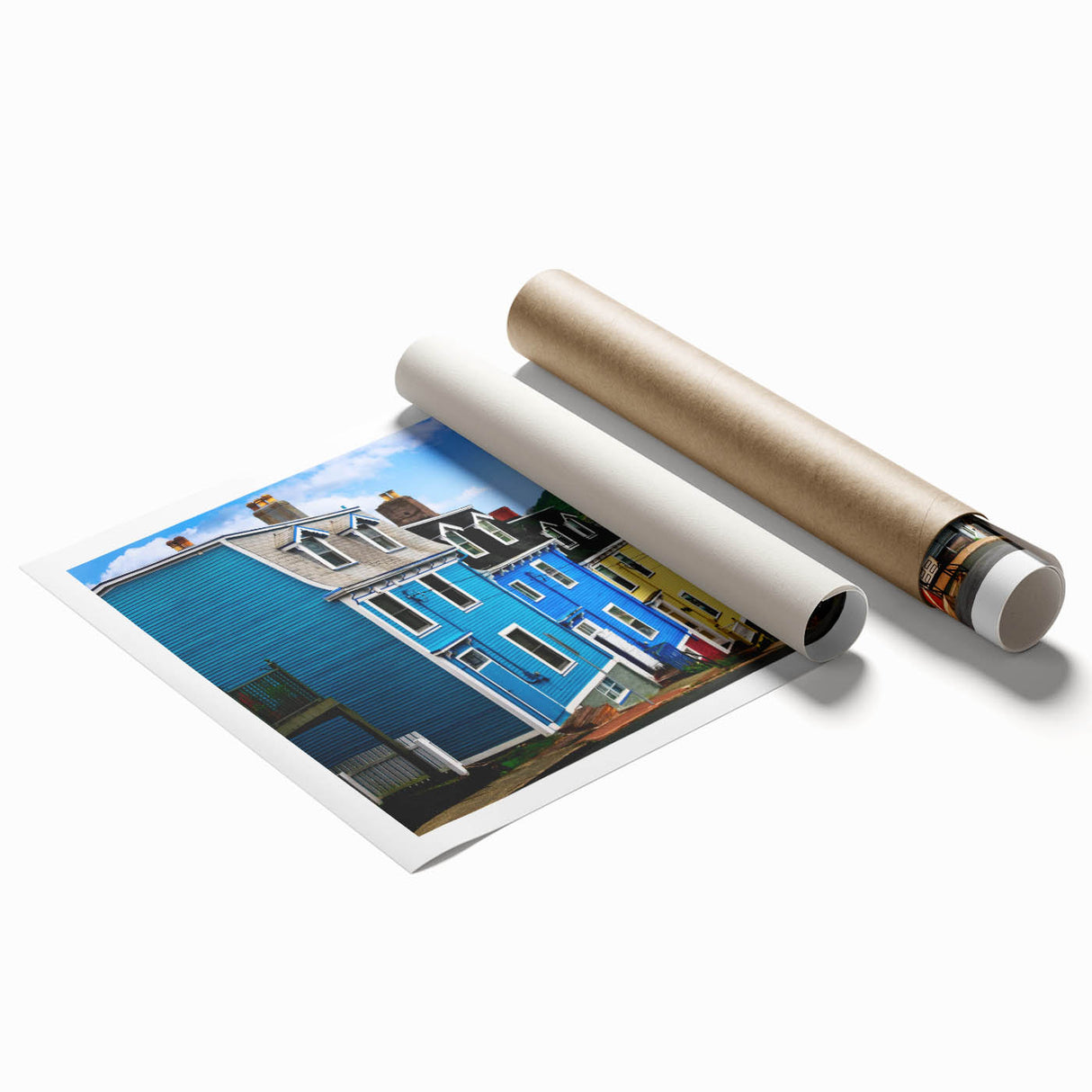 Rolled print of a Newfoundland scenic landscape in soft blue and green tones, ideal for classy bathroom wall art.