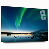 Acrylic print of a serene Northwest Territories landscape in cool blue and green tones, ideal for bedroom or dining room art.