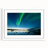 Abstract art print of the Northwest Territories landscape in muted blue and green tones, framed with a white mat.