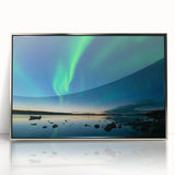 Mid-century modernist art depicting the Northwest Territories landscape on a framed acrylic, with cool blue and silver tones.