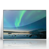 Art deco poster of Northwest Territories landscape in subdued earth tones on white framed acrylic.