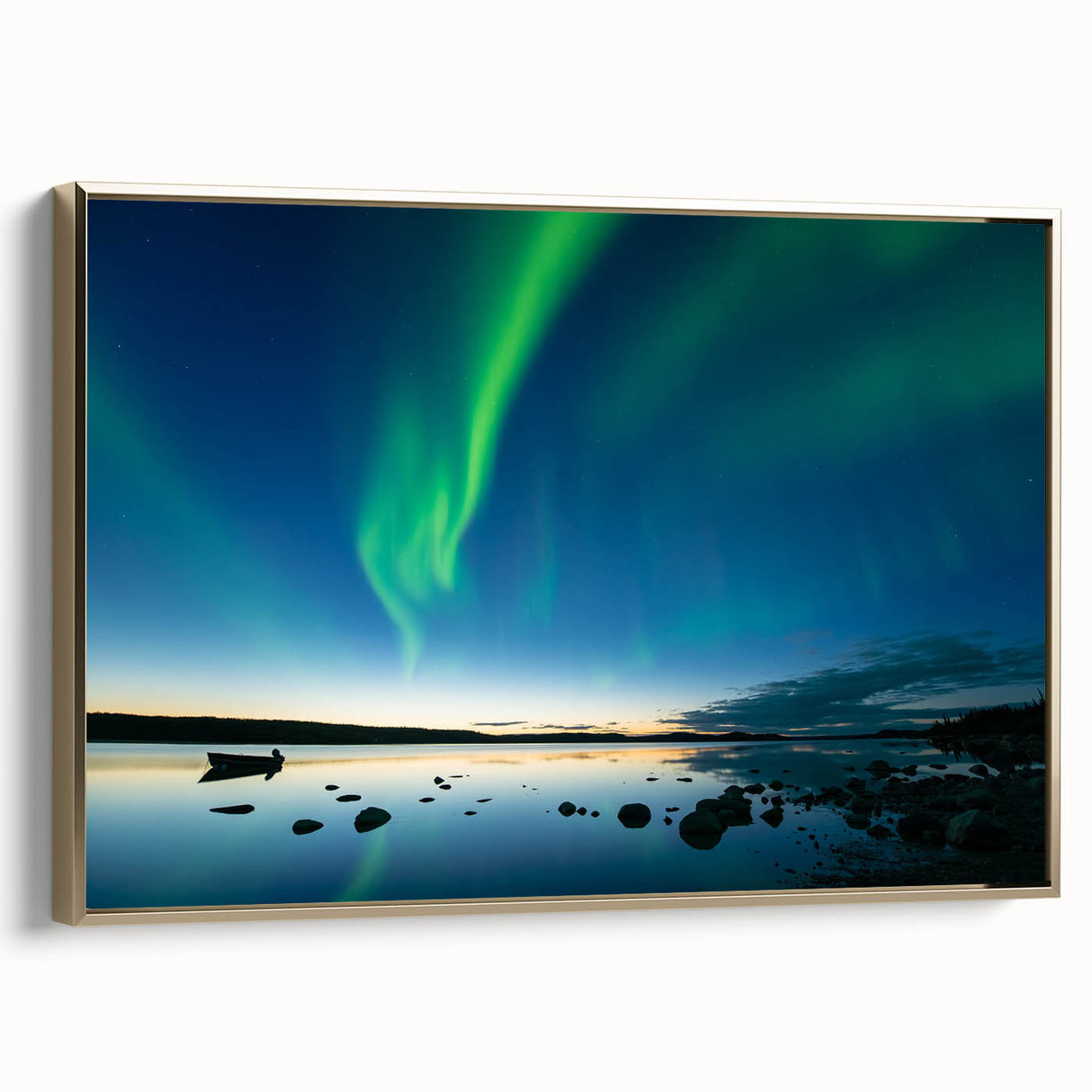 Framed canvas wall art depicting a vintage-style landscape of the Northwest Territories in black and gold tones.