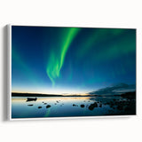 Framed canvas of a vintage poster art depicting Northwest Territories scenery in colorful hues.