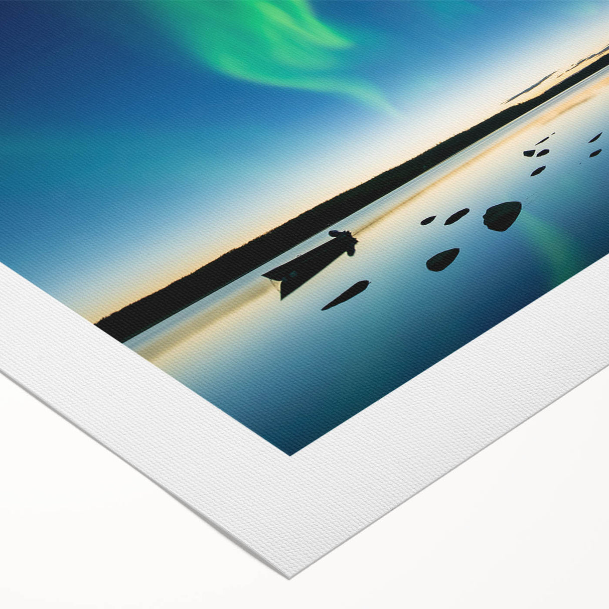 Art deco poster featuring a serene Northwest Territories landscape in cool blue and green tones on rolled canvas.