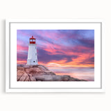 Abstract art print of Nova Scotia scenery in muted blue and green tones, framed with a white mat.