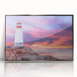 Mid-century modernist art depicting Nova Scotia scenery in muted blues and greens on a framed acrylic print.