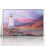 Acrylic print of Nova Scotia scenery with muted blue and green tones, framed in white.