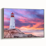 Framed canvas landscape art painting of Nova Scotia scenery in silver frame, featuring muted earth tones.