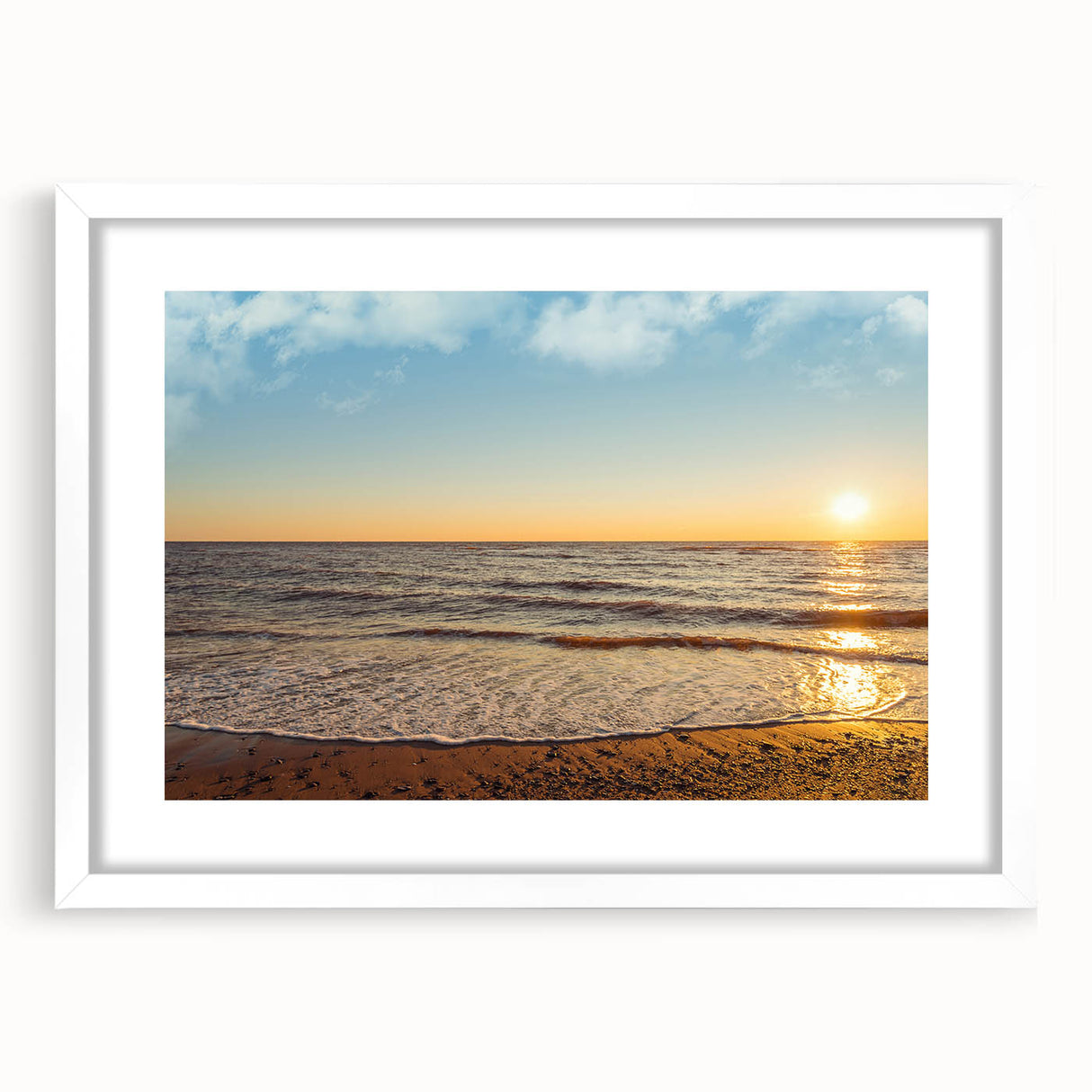 Abstract art print of Prince Edward Island scenery in muted blues and greens, framed with a white mat.