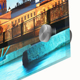 Mid-century modernist abstract depiction of Quebec scenery in muted earth tones on large acrylic glass.