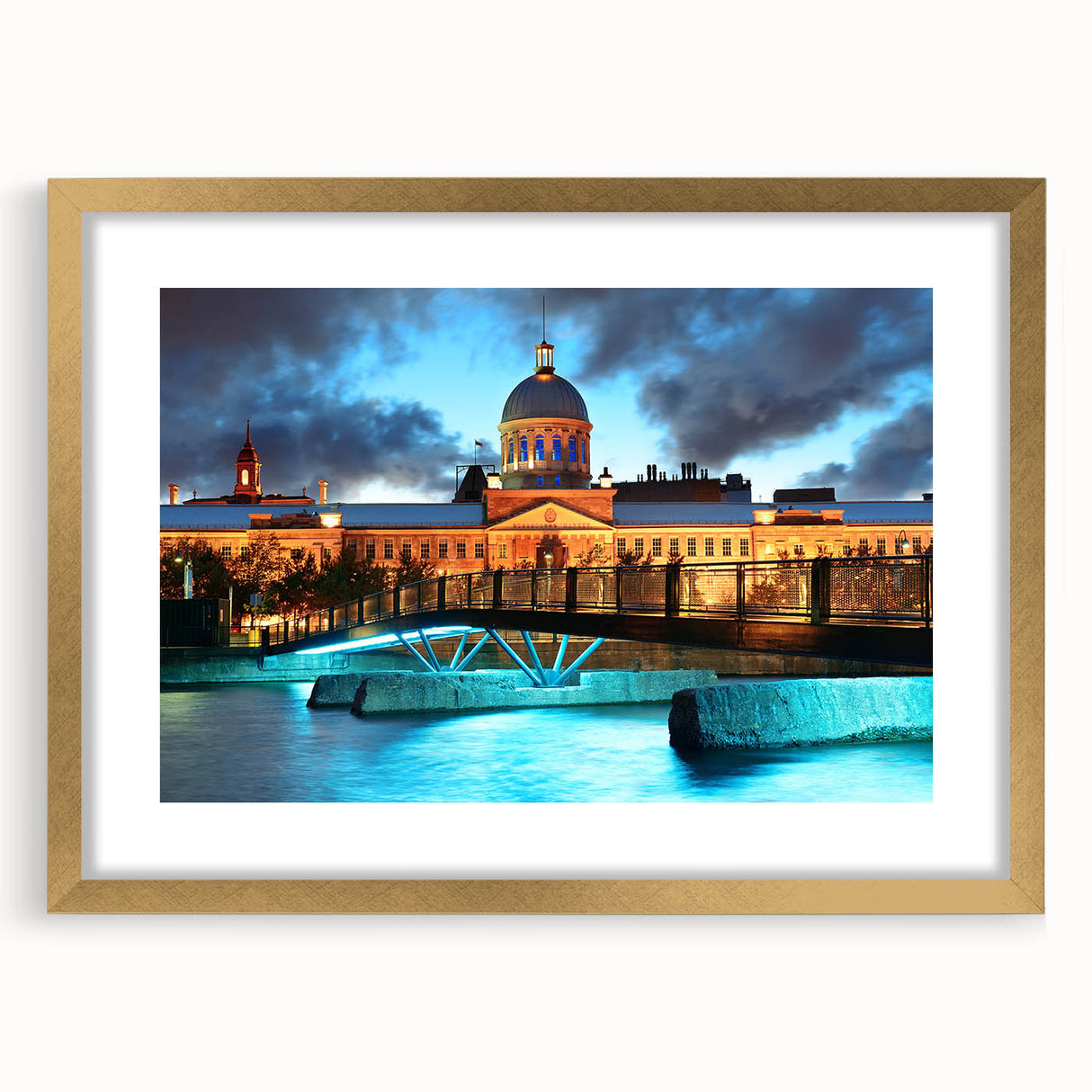 Extra large textured abstract art print of Quebec scenery in gold frame, ideal for living room decor.