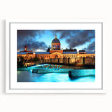 Abstract art print of Quebec scenery in muted earth tones on a framed canvas, suitable for dining room decor.