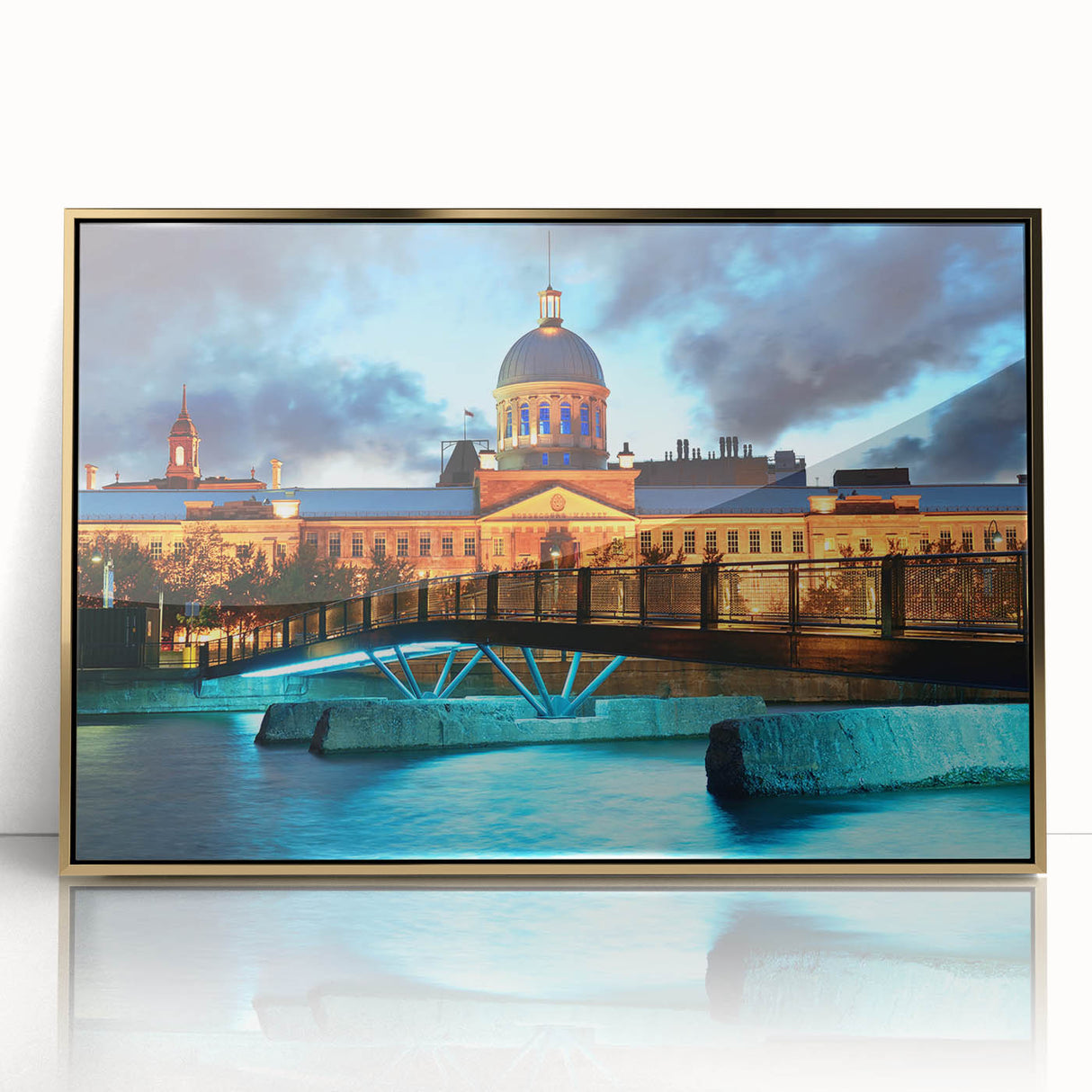 Acrylic print of a serene Quebec landscape in gold frame, featuring mid-century modernist style, ideal for nursery wall art.