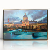 Acrylic print of a serene Quebec landscape in gold frame, featuring mid-century modernist style, ideal for nursery wall art.