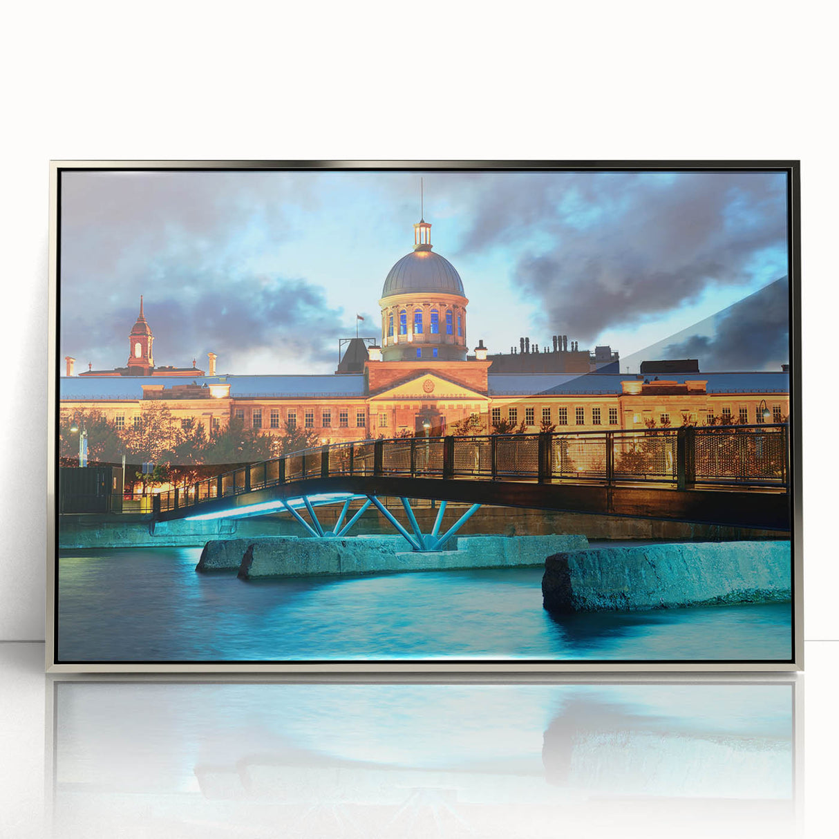 Mid-century modernist art of Quebec scenery in silver-framed acrylic, featuring muted earth tones.