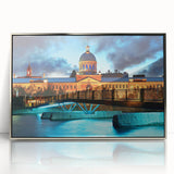 Mid-century modernist art of Quebec scenery in silver-framed acrylic, featuring muted earth tones.