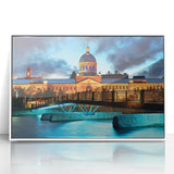 Acrylic print of a Quebec scenery in art deco style with a white frame, featuring cool blue and green tones.