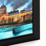 Extra large framed canvas of a textured, colorful Quebec scenery in black, ideal for living room decor.