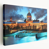 Scenic Quebec landscape on stretched canvas, featuring muted green and blue tones, ideal for kitchen wall art.