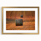 Extra large abstract art print of Saskatchewan scenery in a gold frame with mat, featuring earthy and blue tones.