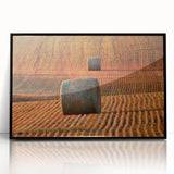 Large abstract wall art depicting a Saskatchewan scenery in muted earth tones on a framed acrylic panel.
