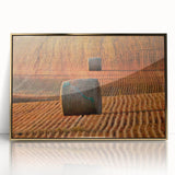 Large art print of a Saskatchewan landscape in muted earth tones, framed in gold acrylic, ideal for nursery wall decor.