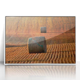 Acrylic print of a Saskatchewan landscape with muted green and blue tones, framed in white, ideal for modern art wall decor.