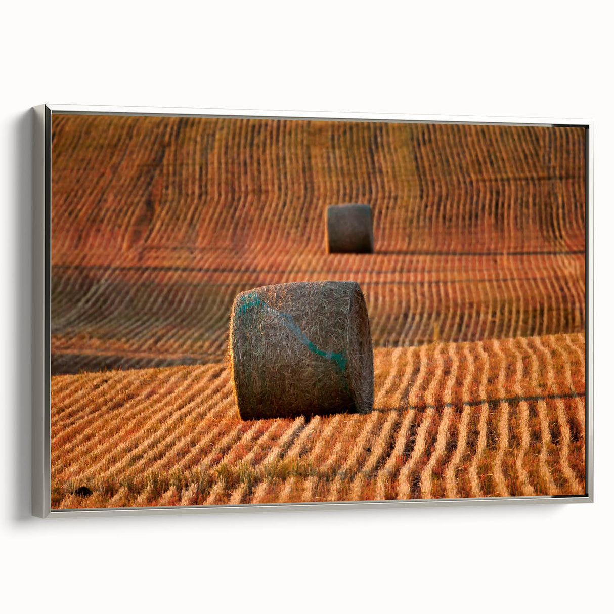 Framed canvas landscape art painting featuring a Saskatchewan scenery in muted earth tones, ideal for office decor.