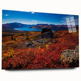 Large abstract depiction of the Yukon landscape in muted earth tones on acrylic glass, ideal for bedroom or dining room art.