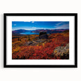 Extra large abstract art print of colorful Yukon scenery, textured and framed in black, ideal for living room decor.