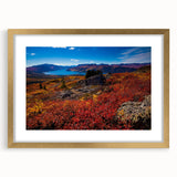 Extra large textured abstract art print of a Yukon scenery in muted earth tones, framed in gold, ideal for living room decor.