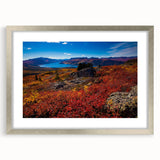 Textured abstract art print of Yukon scenery in muted earth tones, framed with a silver mat, ideal for bedroom art.