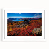 Abstract art print depicting Yukon scenery in muted earth tones on a framed white mat.