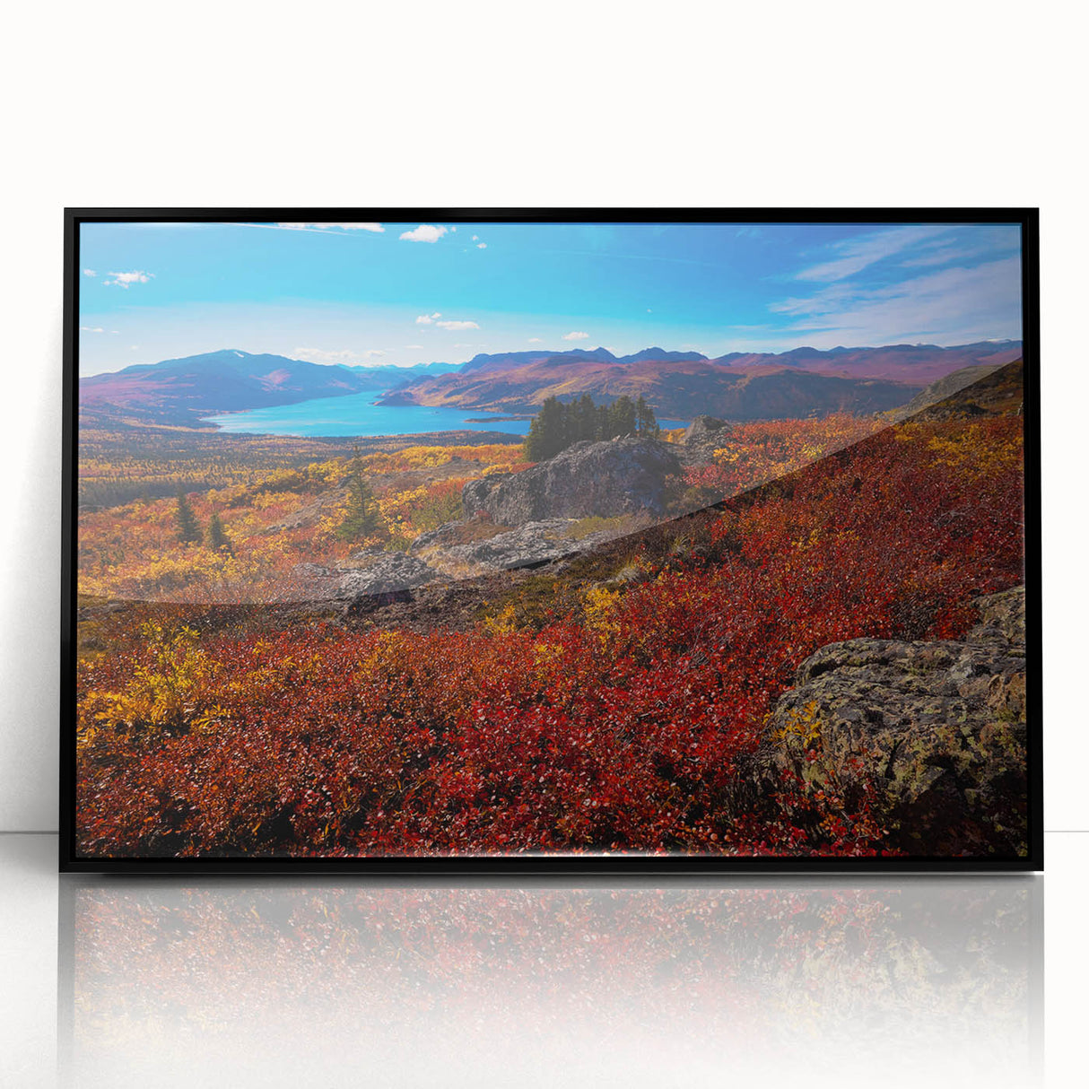 Large abstract wall art depicting Yukon scenery in muted earth tones on a framed acrylic, ideal for modern living room decor.