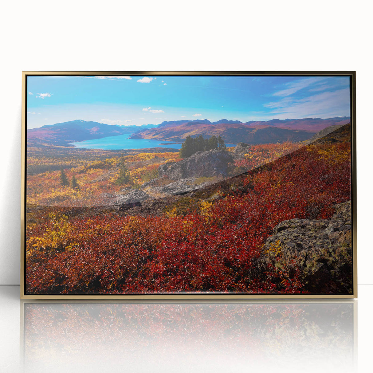 Framed acrylic print of a serene Yukon landscape in earth tones, ideal for modern art wall decor.