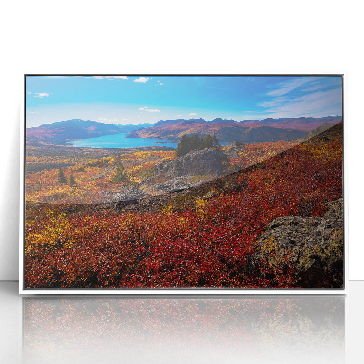 Acrylic print of a serene Yukon landscape in soft pastel tones, framed in white.